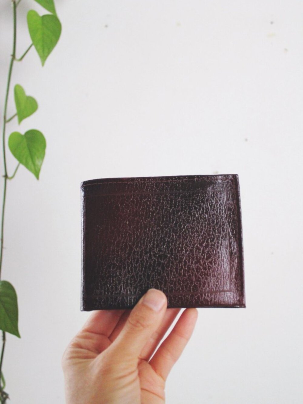 Vintage Burgundy Split Cowhide Leather Wallet Zippered Pocket Card Holder Mens